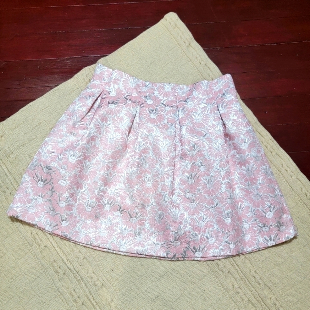 Anthro Akira Metallic Floral Jacquard Flare Skirt size M/L Pink Silver